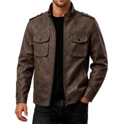 Vintage Moto Jacket for Men Faux Leather Long Sleeve Biker Coat with Epaulet Shoulder Trendy Fall Winter Outwear Coffee L - Thumbnail 2