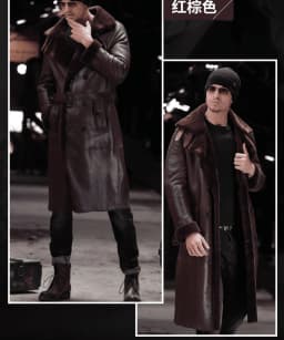New Winter Fashion Men's Long Maxi Coat Genuine Sheepskin Leather Shearling Jacket for Male Thick Warm Wool Lining Black Brown Plus Oversize XXXXXXL 5XL 6XL,Wine,6XL - Thumbnail 2