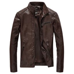 COSFO Brown Mens Jackets Motorcycle Winter Faux Leather Outerwear Long Sleeve Stand Colla Zip Up Loose Fit with Pockets Winter Coats for Men - Thumbnail 1