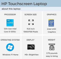 HP 15.6" Touchscreen Laptop, Intel Core i3-1215U Processor (6-Core, Up to 4.4 GHz), 8GB RAM, 256GB SSD - Thumbnail 7