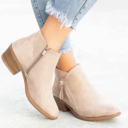 HAOTAGS Women's Suede Leather Booties Low-heeled Ankle Boots Fall Fashion Dressy Shoes Beige Size 8.5 - Thumbnail 1
