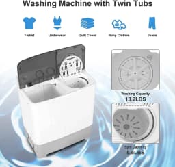 Costway Portable Twin Tub Washing Machine Washer(13.2lbs) & Spinner (8.8lbs) Grey - Thumbnail 4