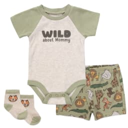 Baby Essentials 6 Months Infant Boys 3 Piece Bodysuit, Shorts, Socks Set Spring Summer Cotton Polyester Outfit in Wild About Mommy Print - Thumbnail 1