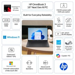 HP OmniBook 3 16 inch Laptop Next Gen AI PC 2K IPS Display Windows Snapdragon X 16GB 512GB SSD Mica Silver - Thumbnail 2
