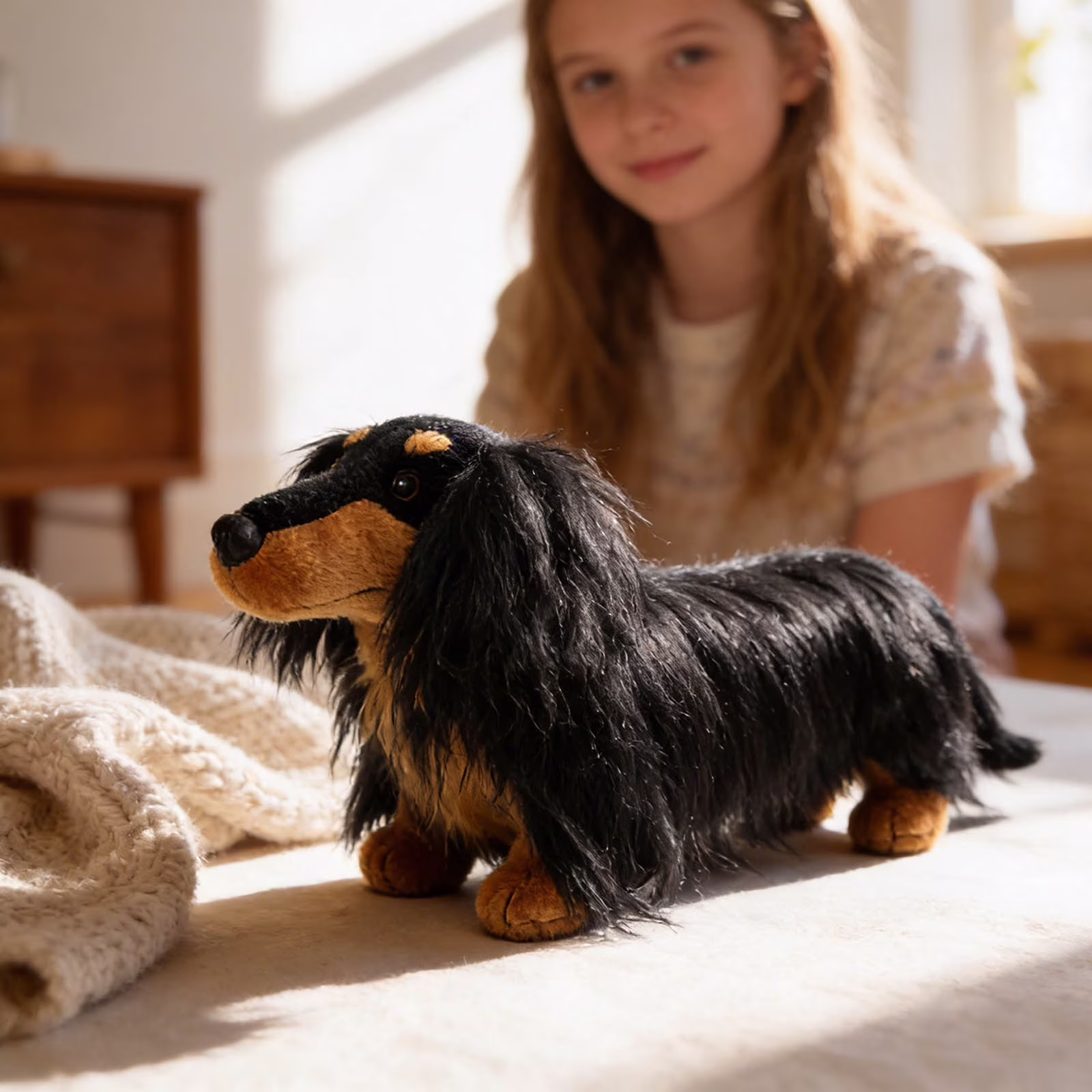 Realistic Dachshund Plush Toy 42cm, Lifelike Long Haired Stuffed Animal Dog with Soft Cuddly , Home Decor Gift for Pet Lovers - Thumbnail 6