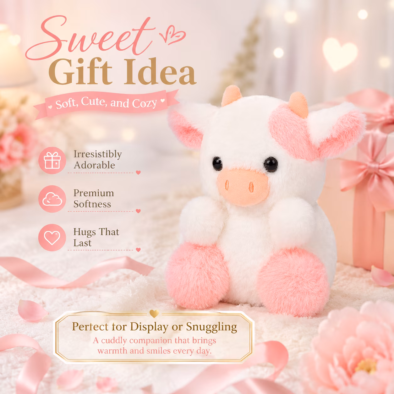 Strawberry Cow Plush Doll - Cute Stuffed Animal Toy, Soft Cuddly Cow Plushie, Durable Family Stuffed Toy, Perfect Holiday Birthday Gift for Easter - Thumbnail 3