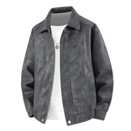 HBGVBA Men's Vintage Faux Leather Bomber Jacket, Turn Down Collar Full Zip Front, Elastic Ribbed Hem Side Pockets Daily Outerwear - Thumbnail 3