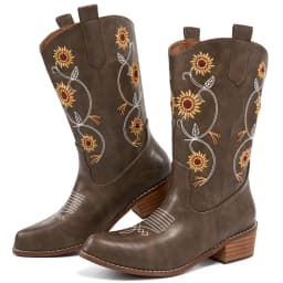 Ecetana Women's Western Cowboy Boots Sunflower Embroidered Mid-Calf Pointed Toe Chunky Heel Cowgirl Boot - Thumbnail 1
