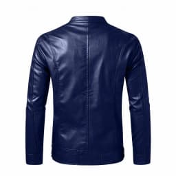 Men's Stand Collar Faux Leather Jacket, Zip up Long Sleeve Vintage Casual Motorcycle Coat for Daily Wear Dark Blue XL - Thumbnail 8