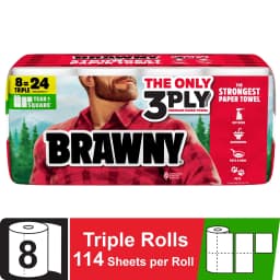 Brawny Tear-A-Square 3-Ply Paper Towels, 8 Triple Rolls, 114 Sheets per Roll - Thumbnail 1
