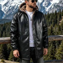Mens Faux Leather Jackets Full Zipper Drawstring Hooded Long Sleeve Fashion Motorcycle Jacket Black XL - Thumbnail 1