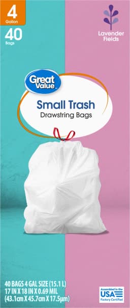 Great Value Drawstring Trash Bags, 4 gal, White, Lavender Fields, 40 Bags - Thumbnail 4