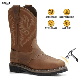 SMILIN Steel Toe Boots For Men Pull-on Western Work Boots,Brown,Size 12 - Thumbnail 1