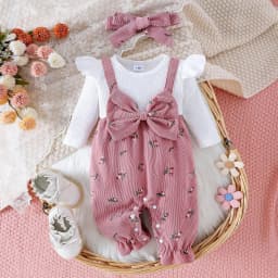 CAICJ98 Newborn Infant Baby Girl Clothes Fall Winter Long Sleeve Bubble Romper Floral Bow One Piece Jumpsuit Cute Outfits Pink,Size 3-6 Months - Thumbnail 2