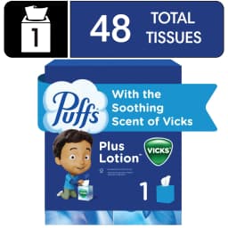 Puffs Facial Tissues Plus Lotion with the Scent of Vicks, 1 Cube Box, 48 Tissues Per Box - Thumbnail 1