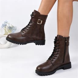 Ankle Boots for Women, Lace Up Combat Booties with Side Zipper Belt Buckle, Chunky Low Heel Round Toe Comfortable Casual Fashion Shoes - Thumbnail 5