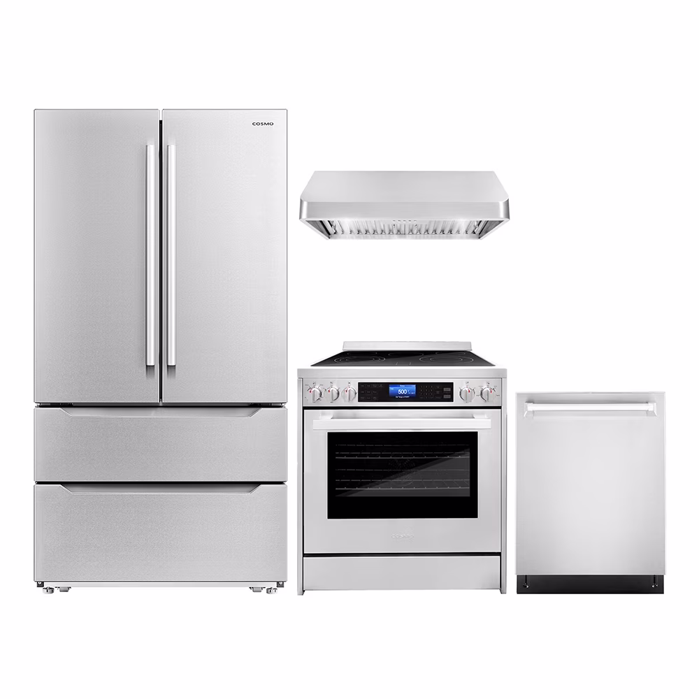 Cosmo 4 Piece Kitchen Appliance Package with 30" Freestanding Electric Range 30" Under Cabinet Range Hood 24" Built-in Integrated Dishwasher & French - Thumbnail 1