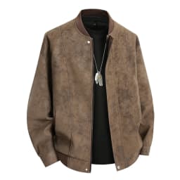 LMOIPLI Men Stand Collar Vintage Textured Faux Leather Bomber Jacket Snap Button Oversized Casual Outer Coat for Spring Fall Street Campus Daily Walking Coffee XS - Thumbnail 6