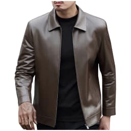 DeHolifer Men Jacket Leather Long Sleeve Winter Solid Color Lapel Coat Streetwear Leather Jackets Brown L - Thumbnail 1