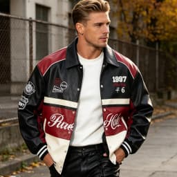 RAOENJADO Men's PU Leather Motorcycle Jacket Vintage Racer Style for Streetwear Red XXL - Thumbnail 4