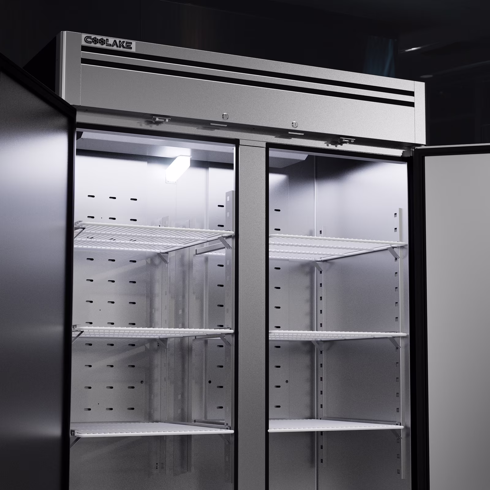 Coolake 49 Cu Ft Commercial Refrigerator, 54.4" W 2 Door Upright Fridge with 8 Adjustable Shelves, Frost-free Stainless Steel Industrial Reach-in - Thumbnail 7