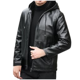 Men's Faux Leather Jacket Black Fleece Lined Motorcycle Bomber Jacket with Hood Slim Fit Warm Winter Coat Outwear Sizes S-2XL Black - Thumbnail 1