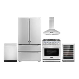 Cosmo 5 Piece Kitchen Appliance Package with 30" Freestanding Gas Range 30" Island Mount 24" Built-in Fully Integrated Dishwasher French Door - Thumbnail 1