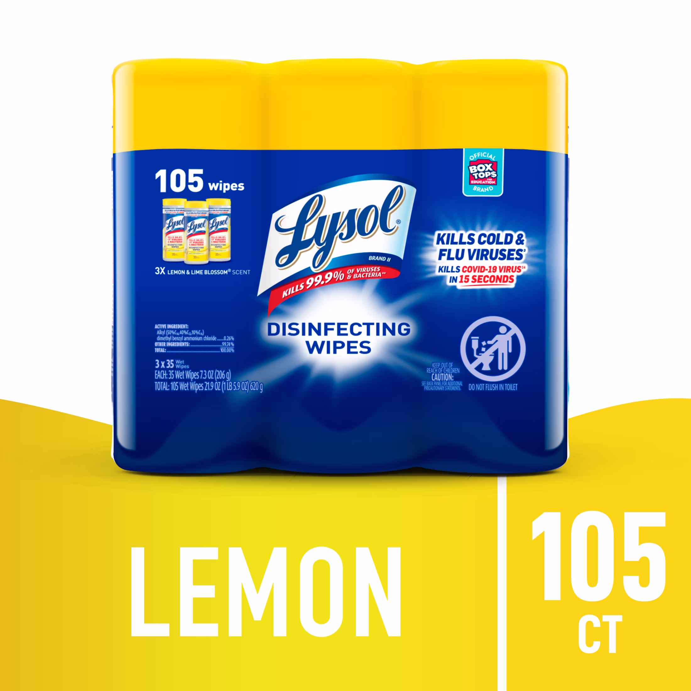 Lysol Disinfectant Wipes, Multi-Surface Antibacterial Cleaning Wipes, For Disinfecting and Cleaning, Lemon and Lime Blossom, 105 Count (Pack of 3) - Thumbnail 1