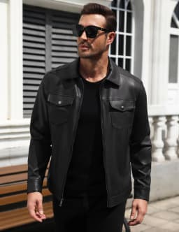 COOFANDY Men's Faux Leather Motorcycle Jacket Casual Lightweight Zip Up Trucker Outerwear with Multiple Pockets - Thumbnail 2