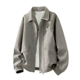 Mens Faux Suede Bomber Jacket PU Leather Vintage Flight Coat Casual Windproof Zip Up Turn Down Collar Outerwear with Pocket for Fall Winter Daily Wear, Gray, L - Thumbnail 5