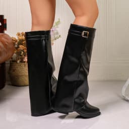 Joykidd Fold‑Over Knee High Boots for Women Pointed Toe Chunky Low Heel Slouchy Mid Calf Boots for Fall Winter Daily Outdoor Outfit - Thumbnail 5