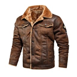 WXLWZYWL Winter Coat For Men,Bomber Faux Leather Jacket For Men Vintage Turn-Down Collar Sherpa Lining Coat Sport Jackets - Thumbnail 1