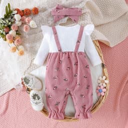 CAICJ98 Newborn Infant Baby Girl Clothes Fall Winter Long Sleeve Bubble Romper Floral Bow One Piece Jumpsuit Cute Outfits Pink,Size 3-6 Months - Thumbnail 4