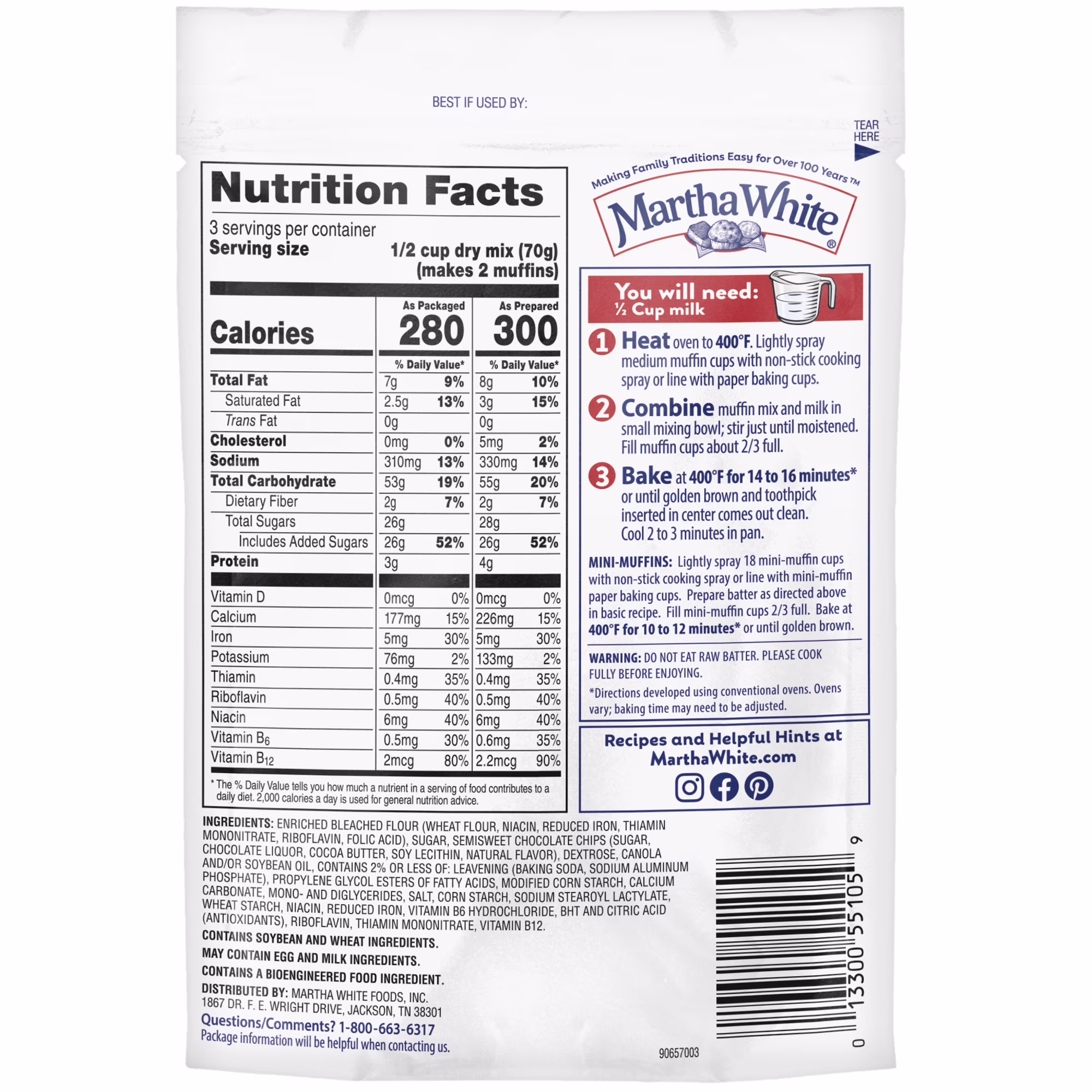 Martha White Chocolate Chip Muffin Mix, 7.4 oz Bag - Thumbnail 7