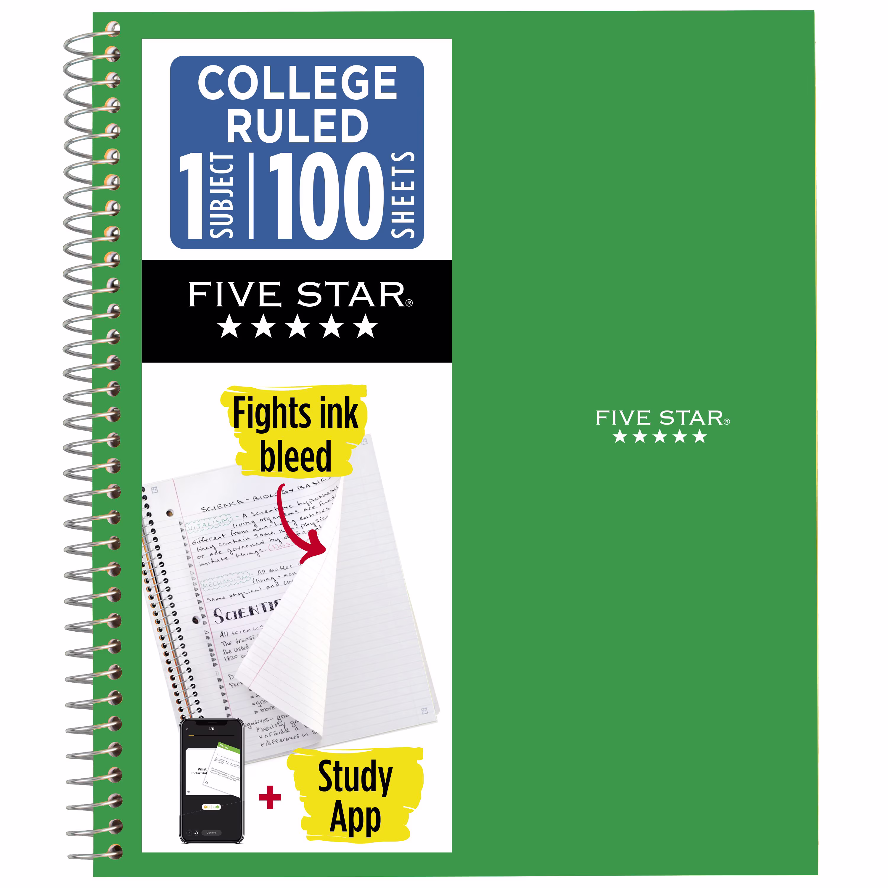 Five Star Retro Green College Ruled 1 Subject Notebook with Study App, 8.5" x 11", Poly Cover, Spiral, 100 Sheets - Thumbnail 1