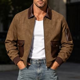 Gamivast Vintage Suede Bomber Jacket for Men Zip up Faux Leather Patchwork Coat Lightweight Casual Outerwear Windbreaker with Pockets for Fall Winter Activewear Brown XXL - Thumbnail 1