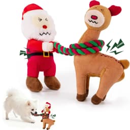 URRU Christmas Dog Toys - 2 Pack Squeaky Stuffed Toys for Large Medium Small Dogs With Detachable Rope, Crinkle to Keep Them Busy - Santa Claus - Thumbnail 1