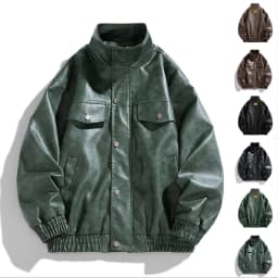 XUNKUSGA Men's Pu Leather Jacket Vintage Stand Collar Snap Button Motorcycle Jacket Classic Solid Color Long Sleeve Loose Outerwear Coat with Pockets Coffee 3XL - Thumbnail 1