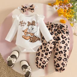 Newborn Girl Fall Winter Outfits Pants Set Preemie Infant Clothing Long Sleeve Ruffle Romper + Bow Leopard Print Pants Clothing Sets for Newborn Baby Girl 0 3 6 9 12 18 24 Months - Thumbnail 4