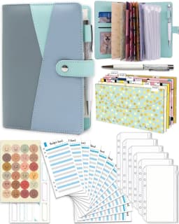 Money Saving Binder with Cash Envelopes, Including Zipper PVC Pockets, Cash Envelopes, Stickers and Pen, Blue - Thumbnail 1