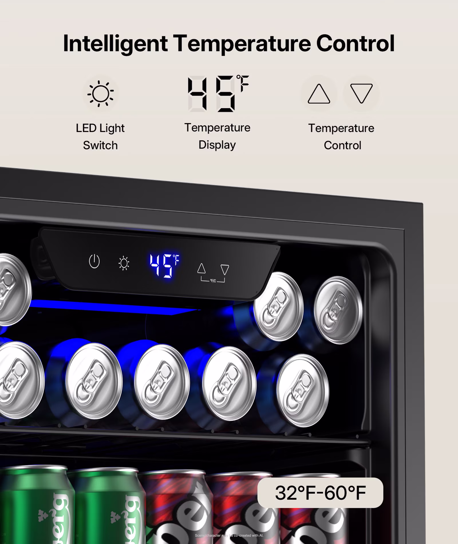 Upstreman 3.2 Cu.ft Beverage Refrigerator, 126 Can Mini Fridge with Glass Door, Wine Cooler Drink Fridge for Soda Wine Beer, Touch Temperature - Thumbnail 4