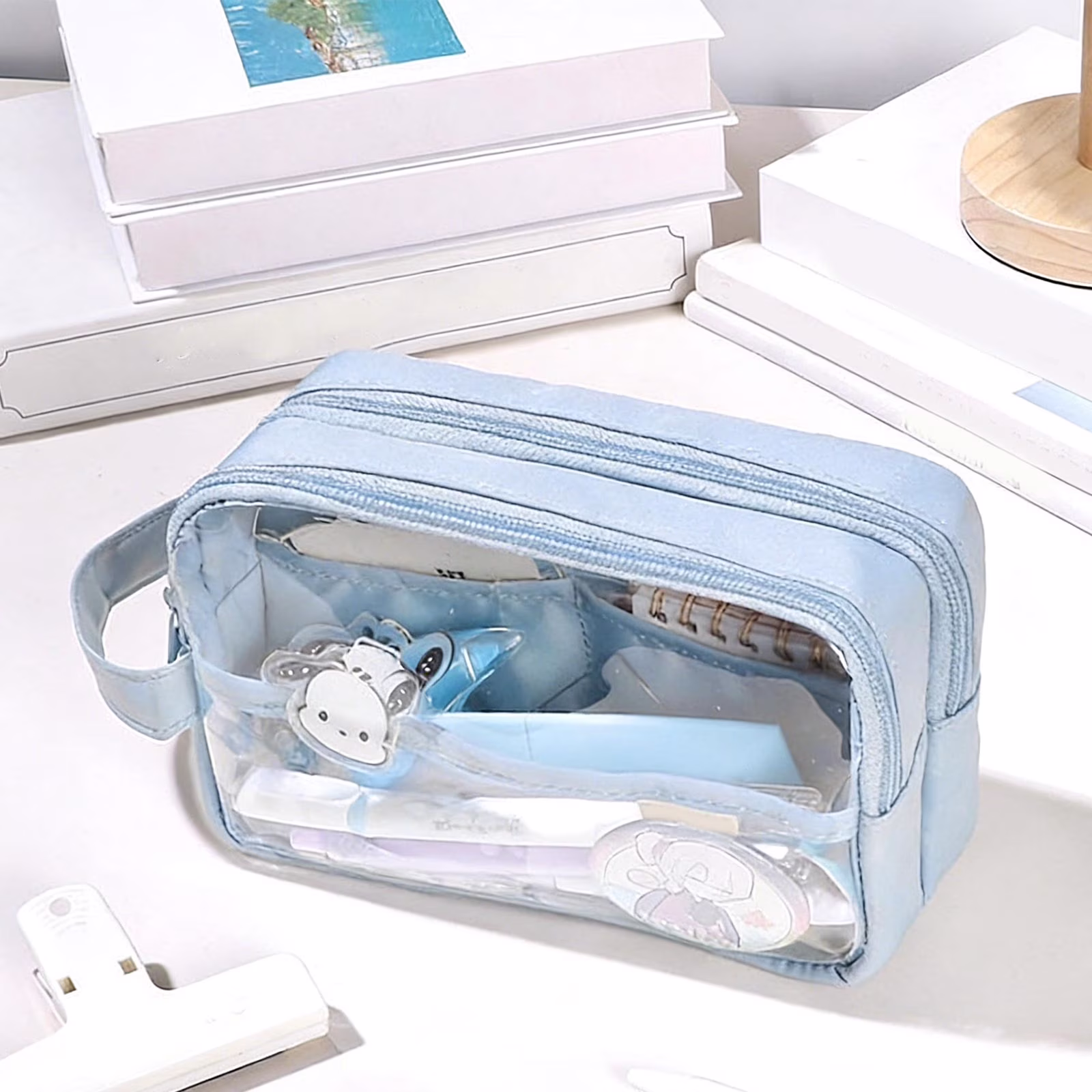 Dmlowu Pencil Pouch, Waterproof Pencil Case with 2 Zippered Compartments, Large Capacity Clear Bag for Office Journal Supplies - Thumbnail 2
