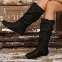 Viluyesy Womens Slouch Boots, Zipper Mid Wide Calf Flat Heels Ladies Fall Winter Fashion Boots Black US9 - Thumbnail 6