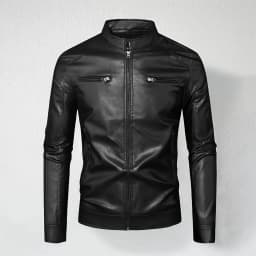 IYTR Mens Slim Leather Jackets Long Sleeve Zip Up Stand Collar Motorcycle Jacket Fashion Leather Coats with Pockets (Black,XXL) - Thumbnail 3