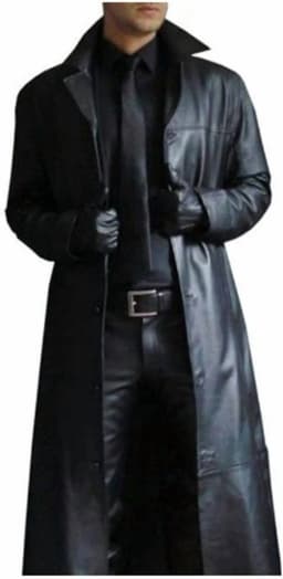 Mens Leather Trench Coat Full Length Black Classic Faux Leather Long Coat Retro Black Leather Jacket Long Steampunk Overcoat - Thumbnail 1