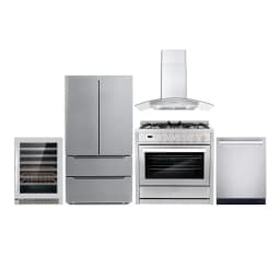Cosmo 5 Piece Kitchen Appliance Packages with 36" Freestanding Gas Range 36" Wall Mount Range Hood 24" Built-in Fully Integrated Dishwasher French - Thumbnail 1