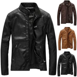 DDAPJ pyju Men's Stand Collar Leather Jacket Lightweight Motorcycle Jackets Faux Leather Outwear Zipper Windbreaker Biker Coat with Pockets Coffee XXXL - Thumbnail 1