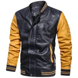 Maoxin Mens Jacket Men's Solid Color Stand Up Collar Light Open And Close Zipper Button Leather Jacketss for men Yellow L - Thumbnail 2