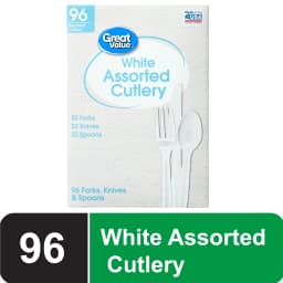 Great Value Plastic Disposable Cutlery Set, White, 96 Count, 32 Forks, 32 Spoons, 32 Knives - Thumbnail 1