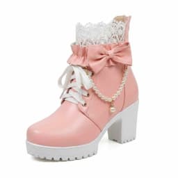 Women Chunky Heel Lace Up Booties Kawaii Shoes with Bow,Lolita Boots for Women Cosplay Shoes Platform Sweet Ankle Boots - Thumbnail 1